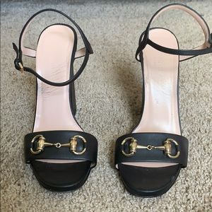 Gucci Black Leather Horsebit Heel Sandal